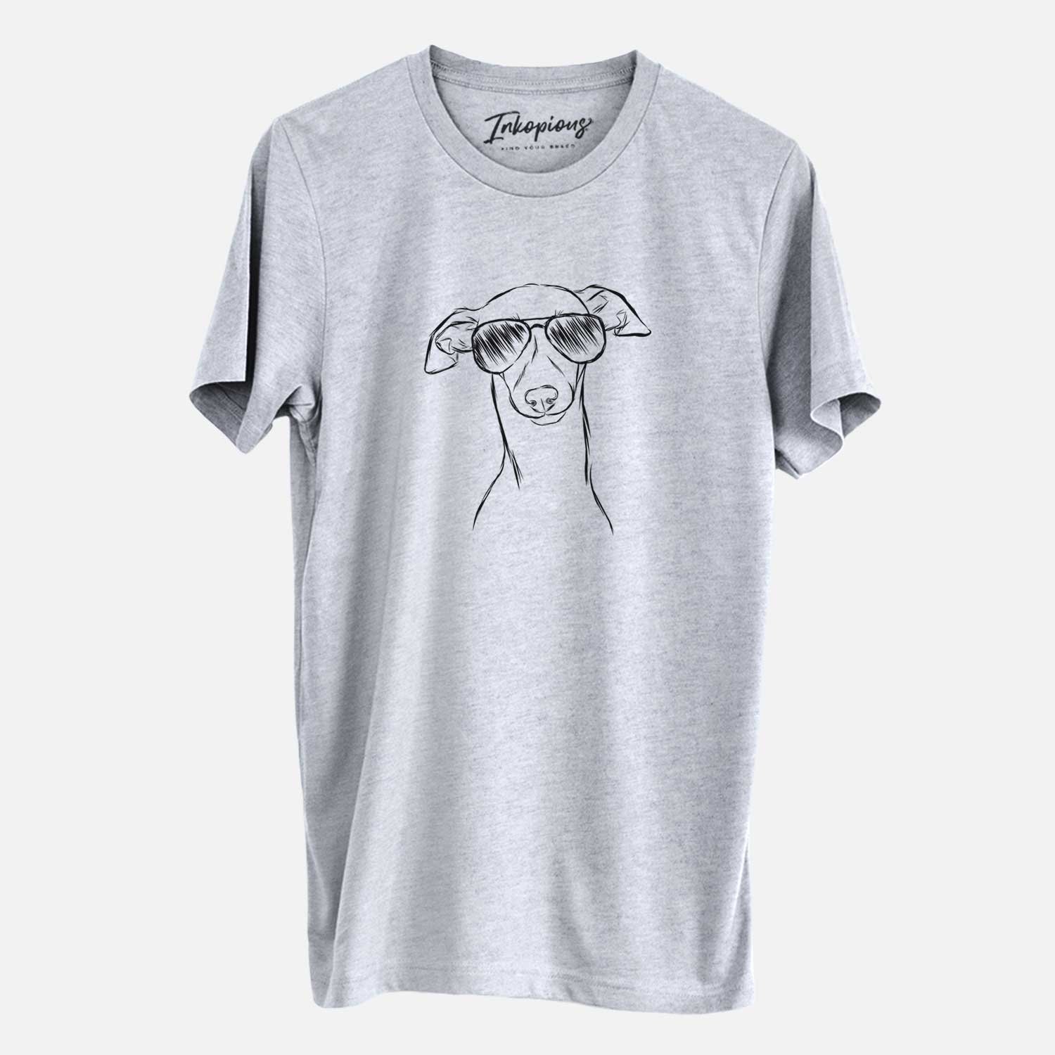 Hand-drawn sketch of Ziggie the Italian Greyhound wearing aviator sunglasses on an Unisex crewneck
