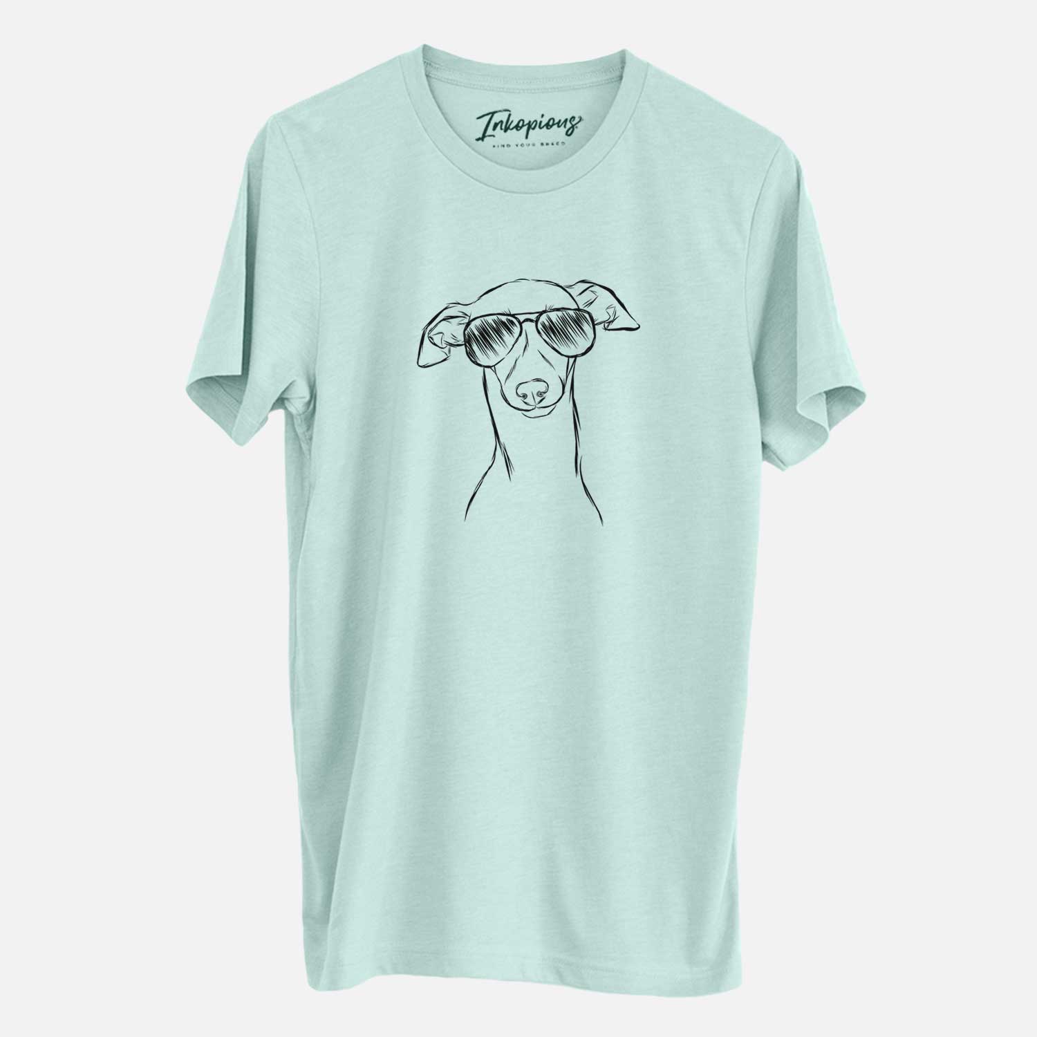 Hand-drawn sketch of Ziggie the Italian Greyhound wearing aviator sunglasses on a Heather Sage Unisex crewneck