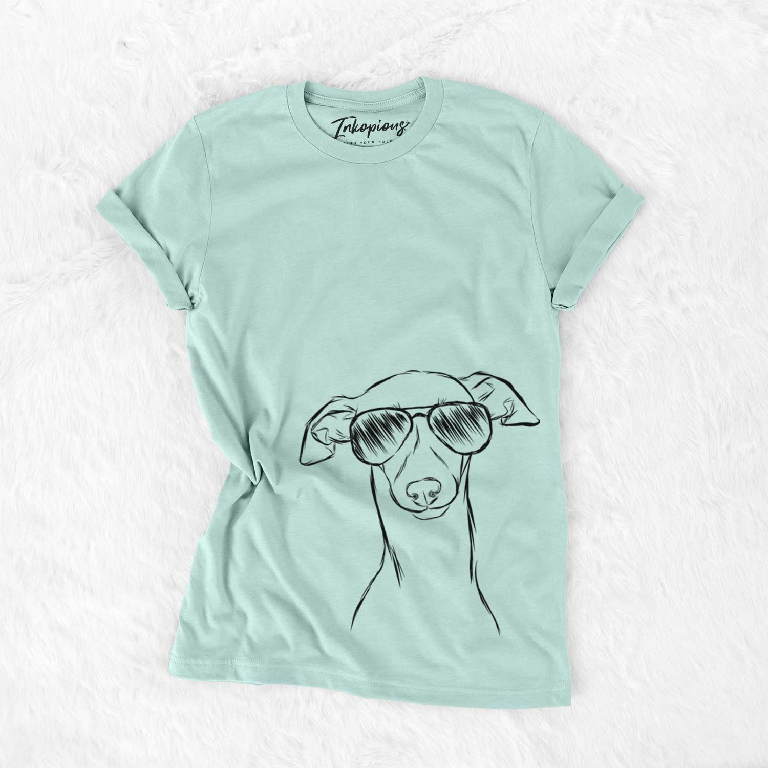 Hand-drawn sketch of Ziggie the Italian Greyhound wearing aviator sunglasses on a Heather Sage Unisex crewneck