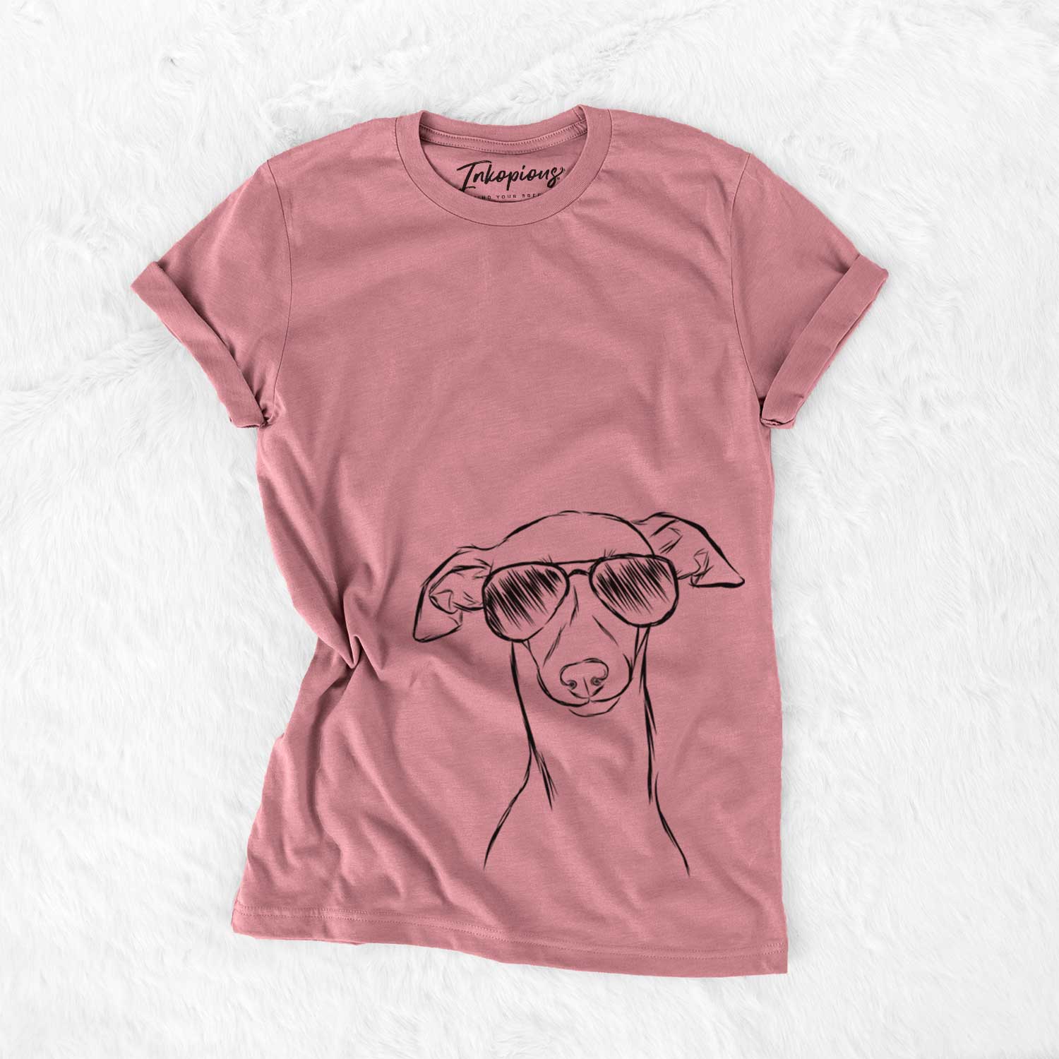 Hand-drawn sketch of Ziggie the Italian Greyhound wearing aviator sunglasses on a Mauve Unisex crewneck