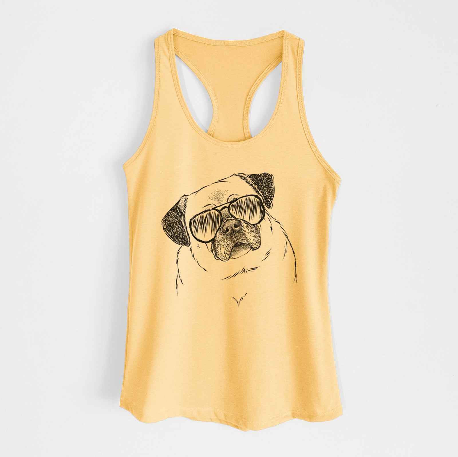 Hand-drawn sketch of Zoey the Pug wearing aviator sunglasses on a Banana Cream Women's racerback tanktop