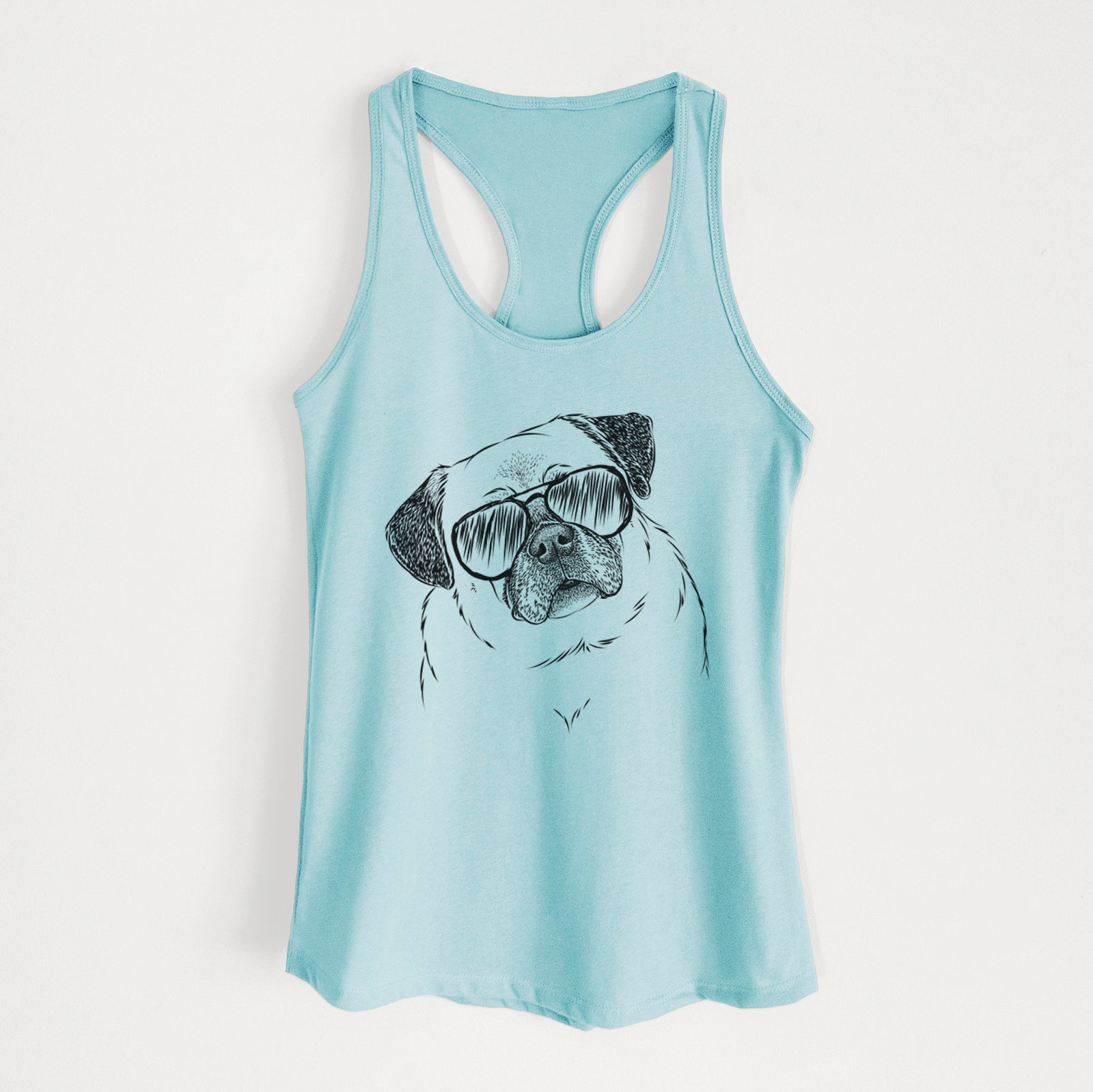 Hand-drawn sketch of Zoey the Pug wearing aviator sunglasses on a Cancun Blue Women's racerback tanktop