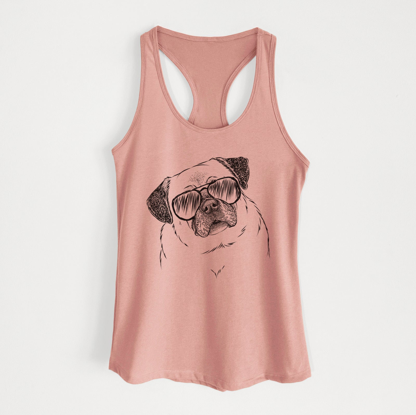 Hand-drawn sketch of Zoey the Pug wearing aviator sunglasses on a Desert Pink Women's racerback tanktop