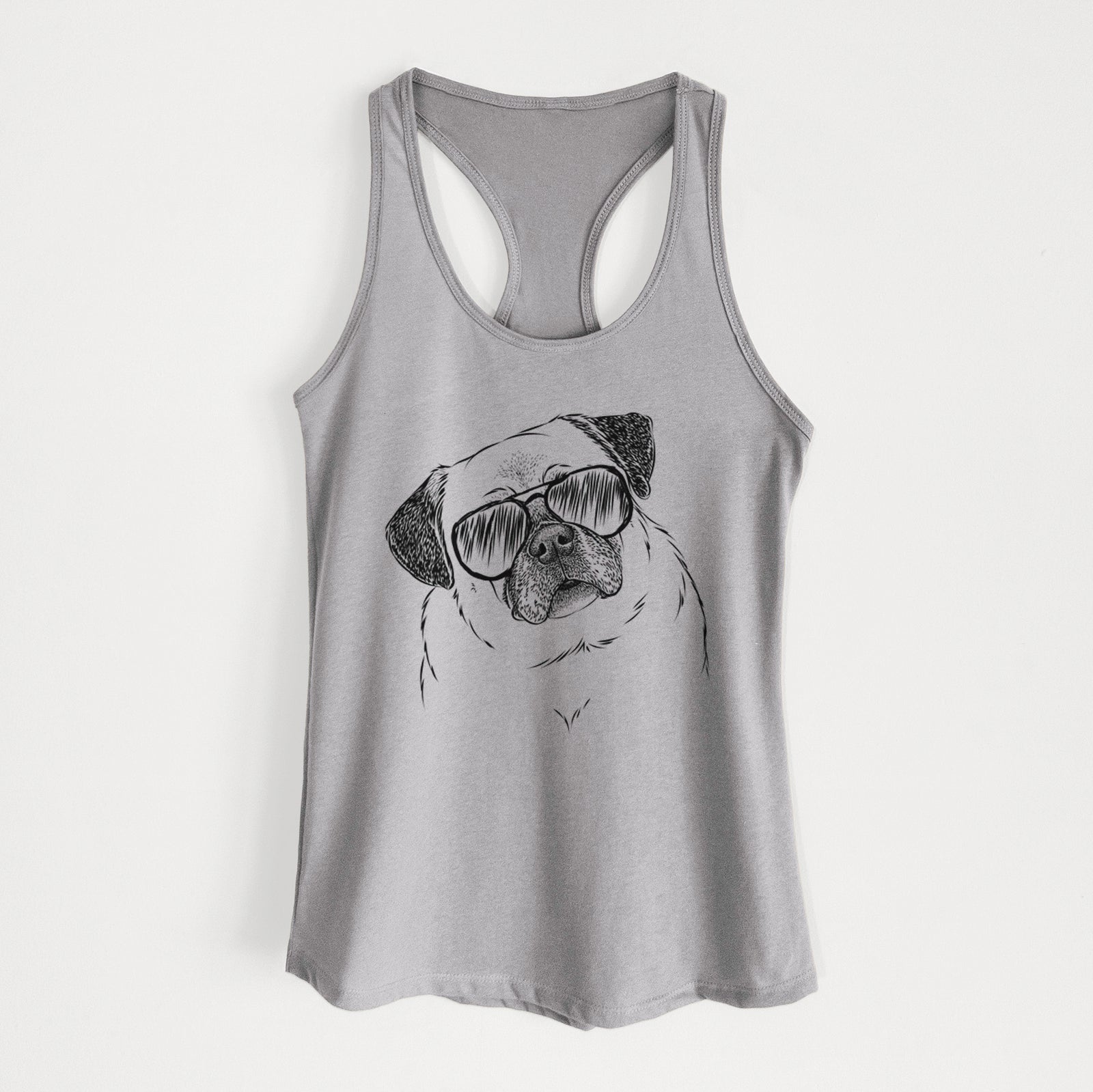 Hand-drawn sketch of Zoey the Pug wearing aviator sunglasses on a Heather Grey Women's racerback tanktop