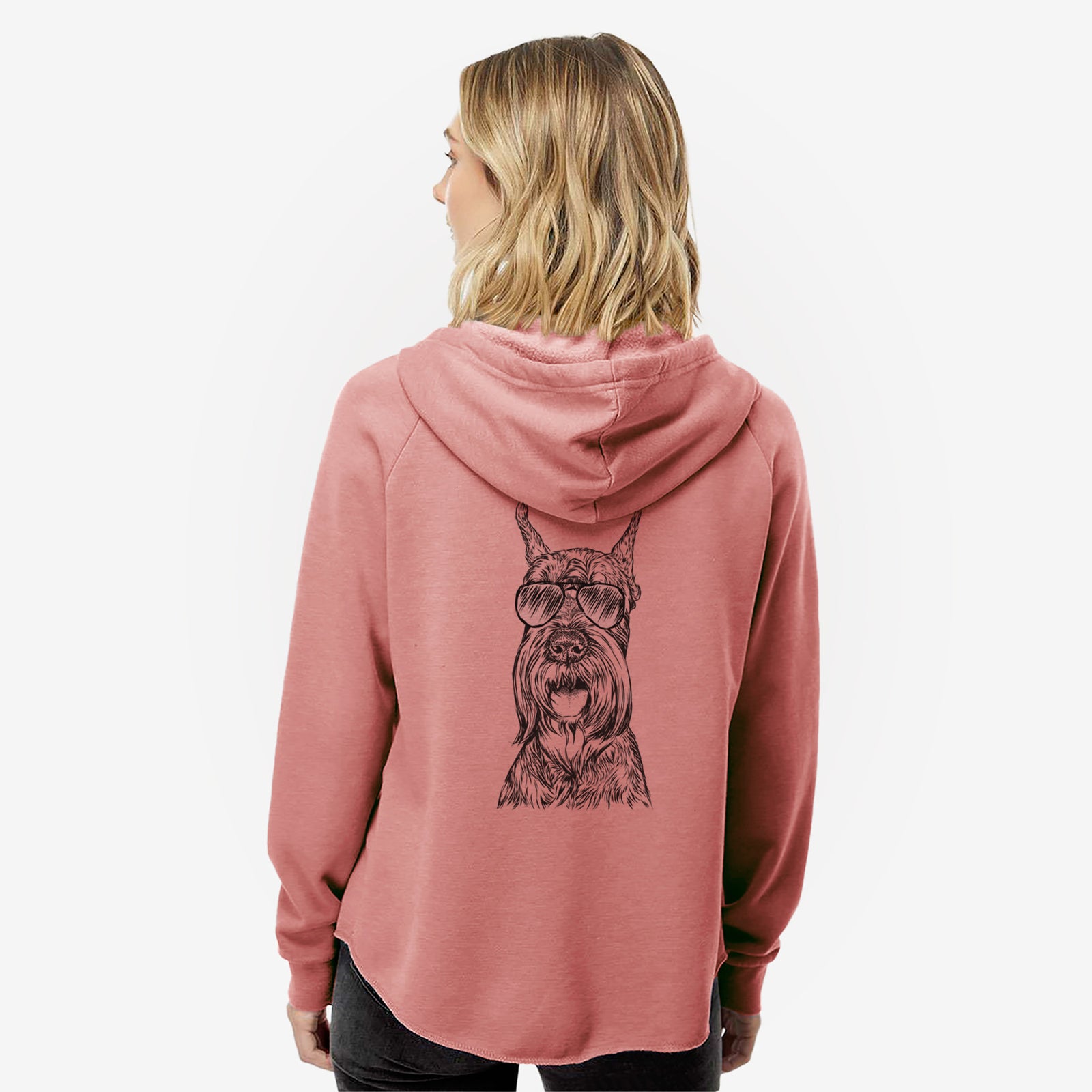 Hand-drawn sketch of Zuri the Giant Schnauzer wearing aviator sunglasses on a Dusty Rose Women's cali wave zip-up sweatshirt