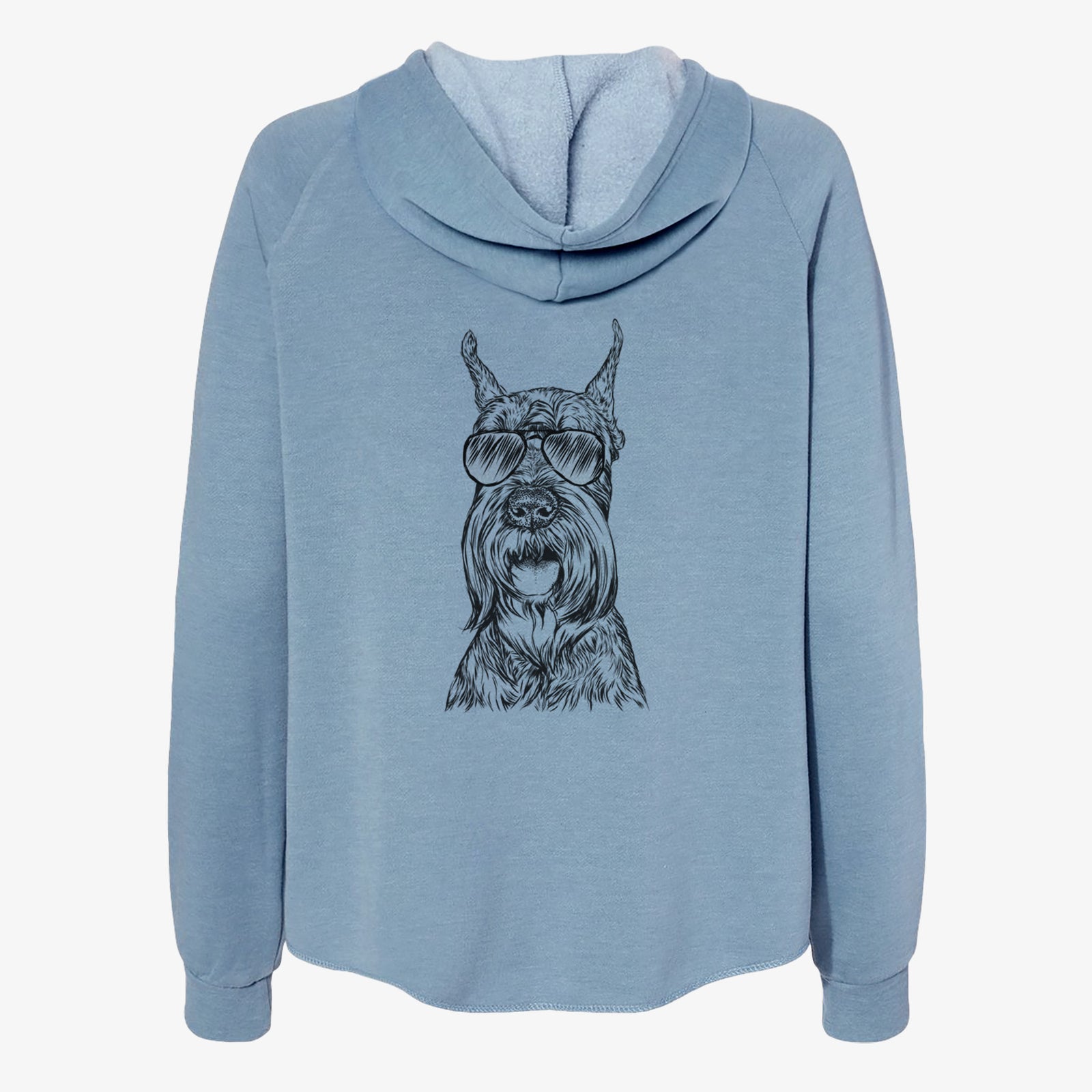 Hand-drawn sketch of Zuri the Giant Schnauzer wearing aviator sunglasses on a Misty Blue Women's cali wave zip-up sweatshirt