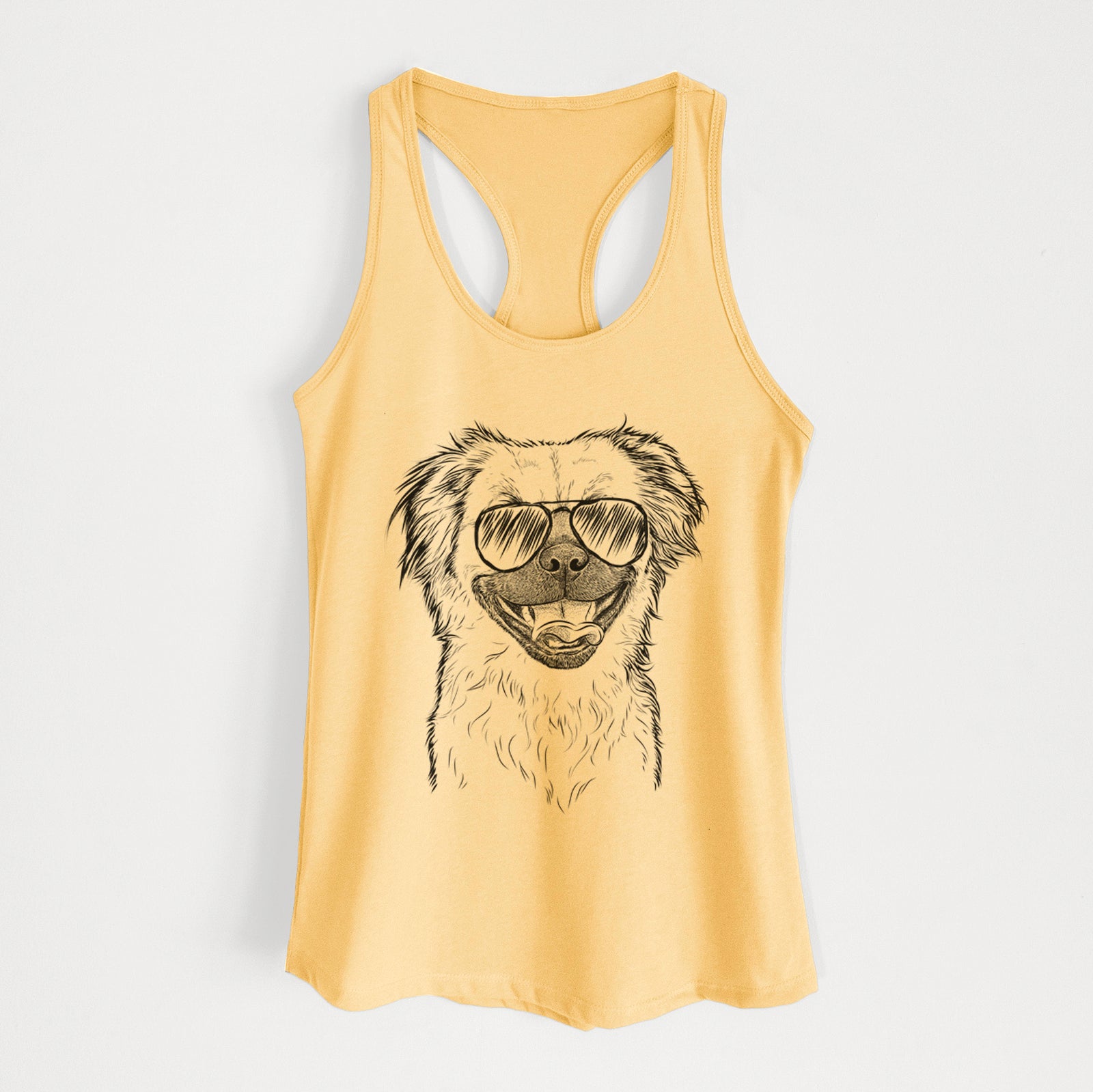 Hand-drawn sketch of Zuri the Spaniel Mix wearing aviator sunglasses on a Banana Cream Women's racerback tanktop