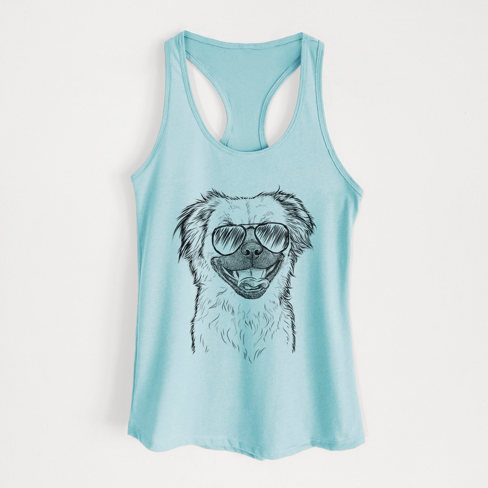 Hand-drawn sketch of Zuri the Spaniel Mix wearing aviator sunglasses on a Cancun Blue Women's racerback tanktop