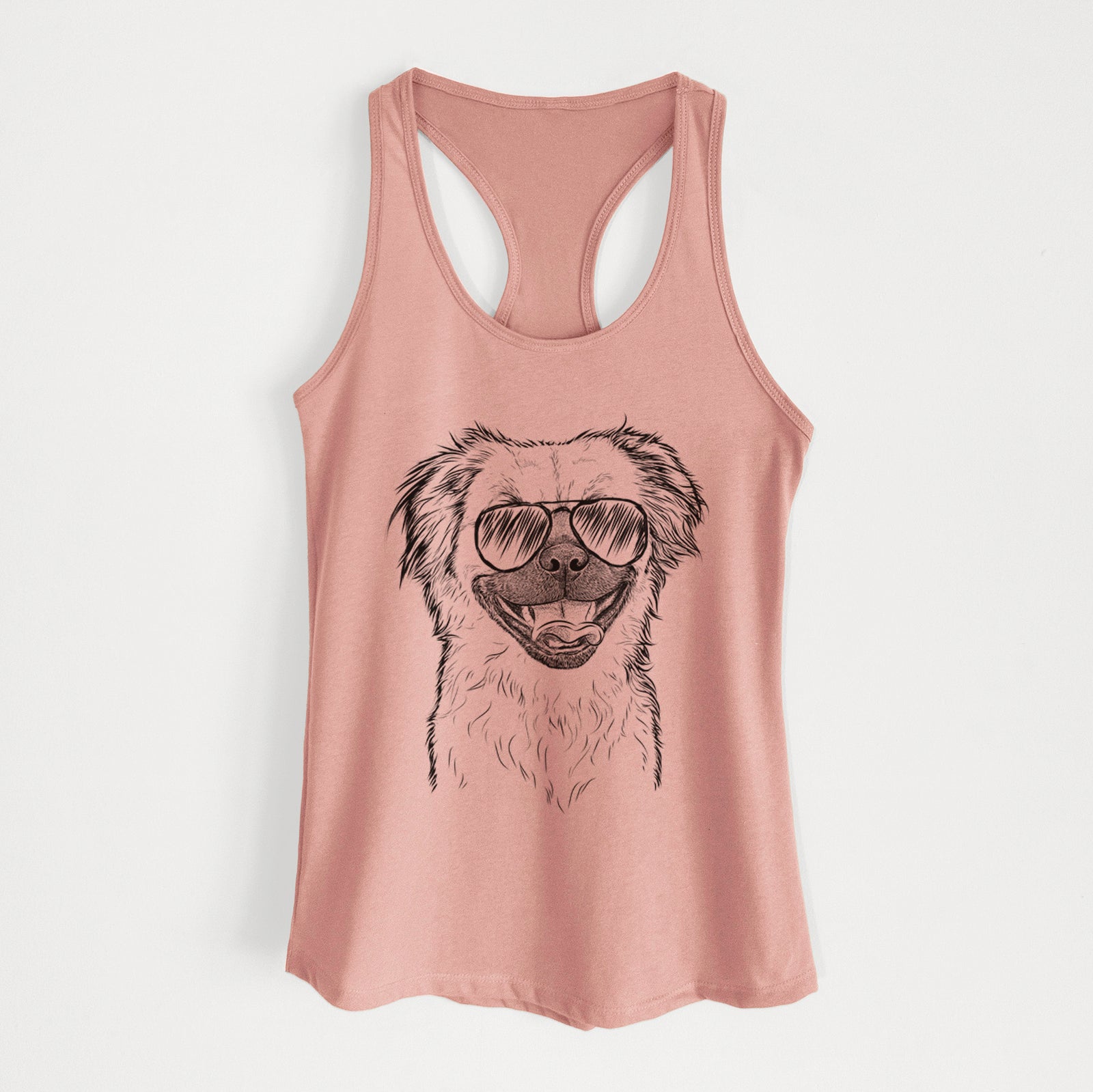 Hand-drawn sketch of Zuri the Spaniel Mix wearing aviator sunglasses on a Desert Pink Women's racerback tanktop