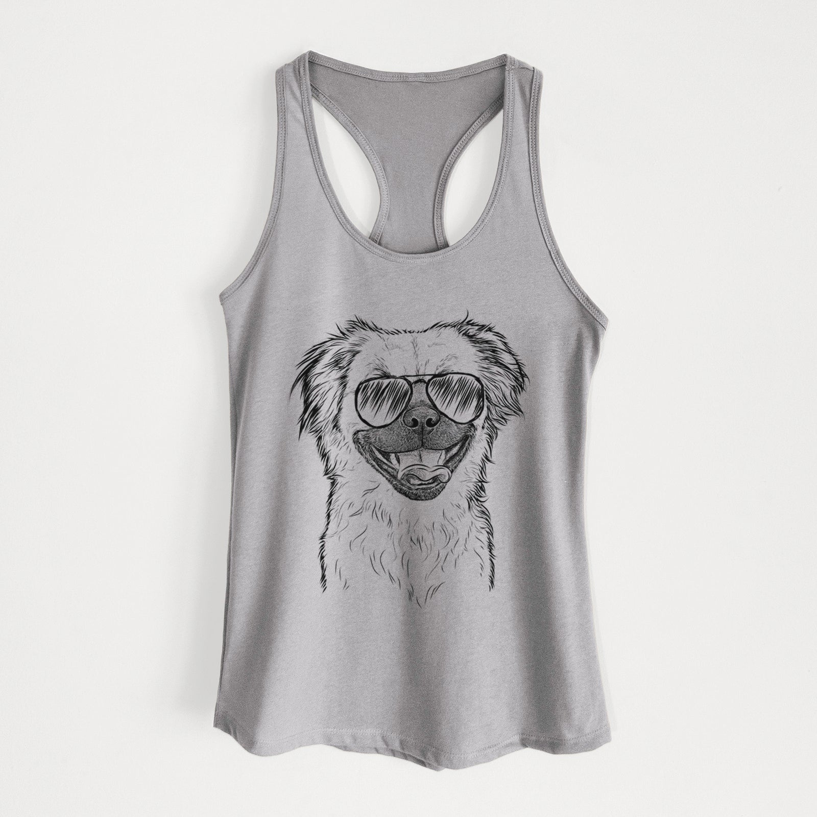 Hand-drawn sketch of Zuri the Spaniel Mix wearing aviator sunglasses on a Heather Grey Women's racerback tanktop