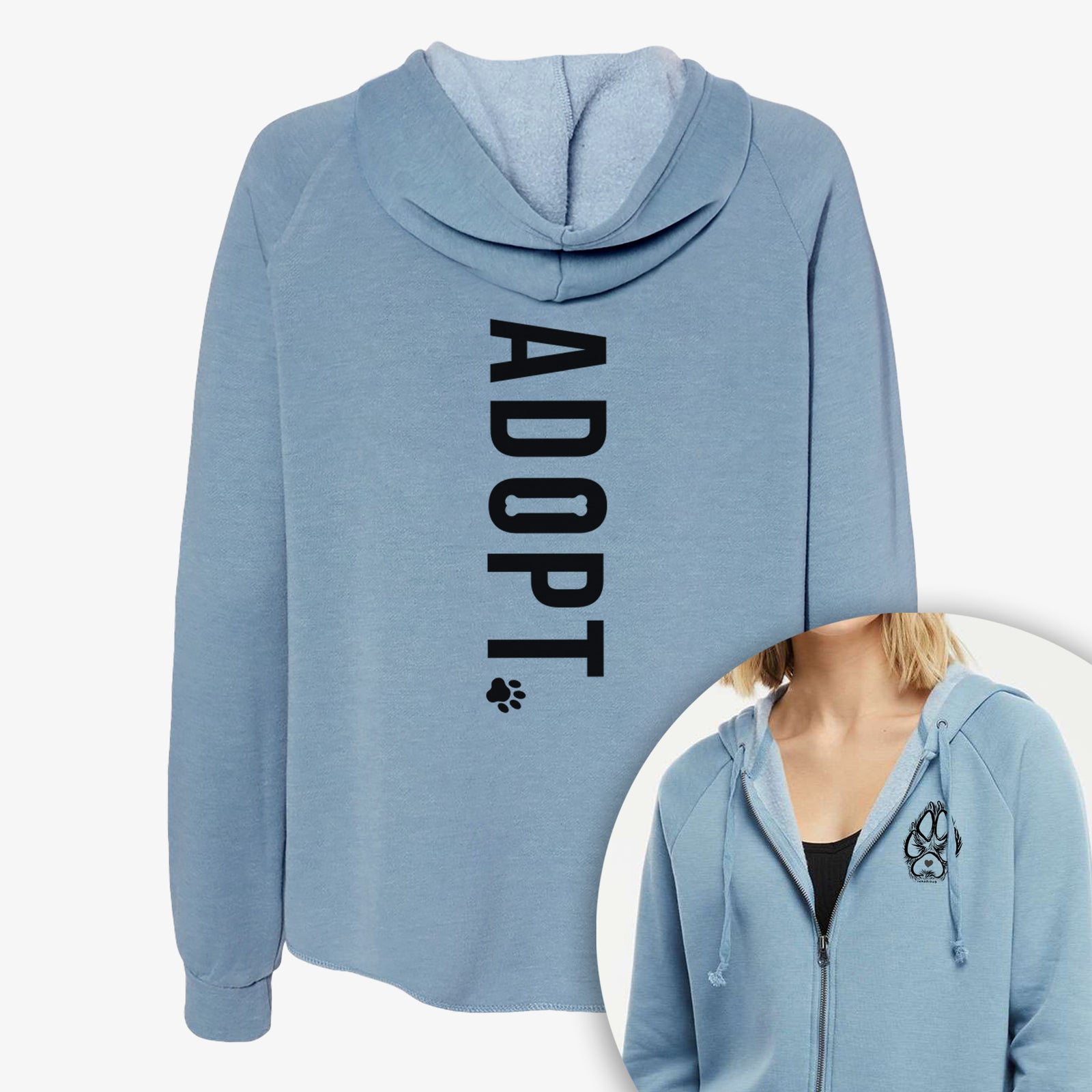 'Adopt' design on a Women's cali wave zip-up sweatshirt, shown with icons of the other available costume styles