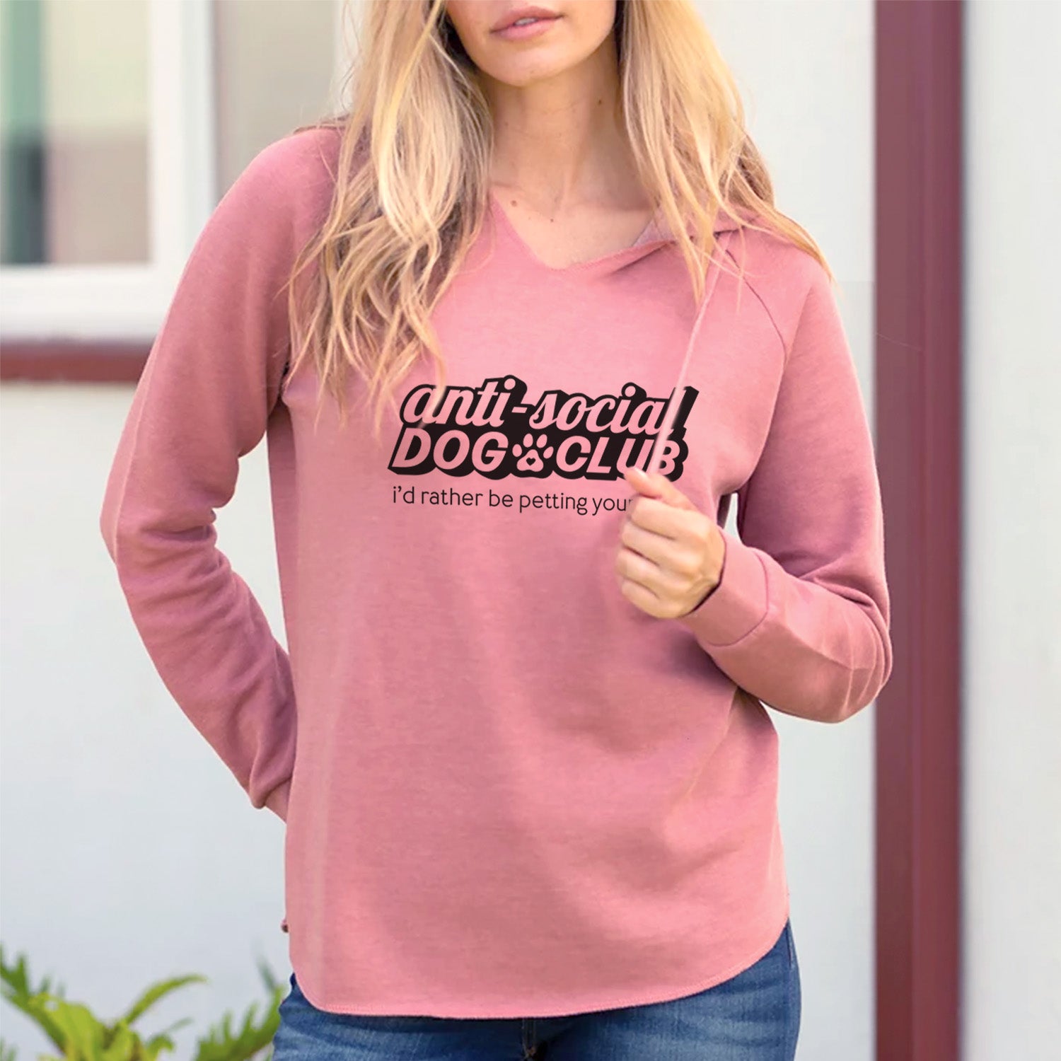 'Anti Social Dog Club' design on a Dusty Rose Cali Wave Hooded Sweatshirt, lifestyle photo