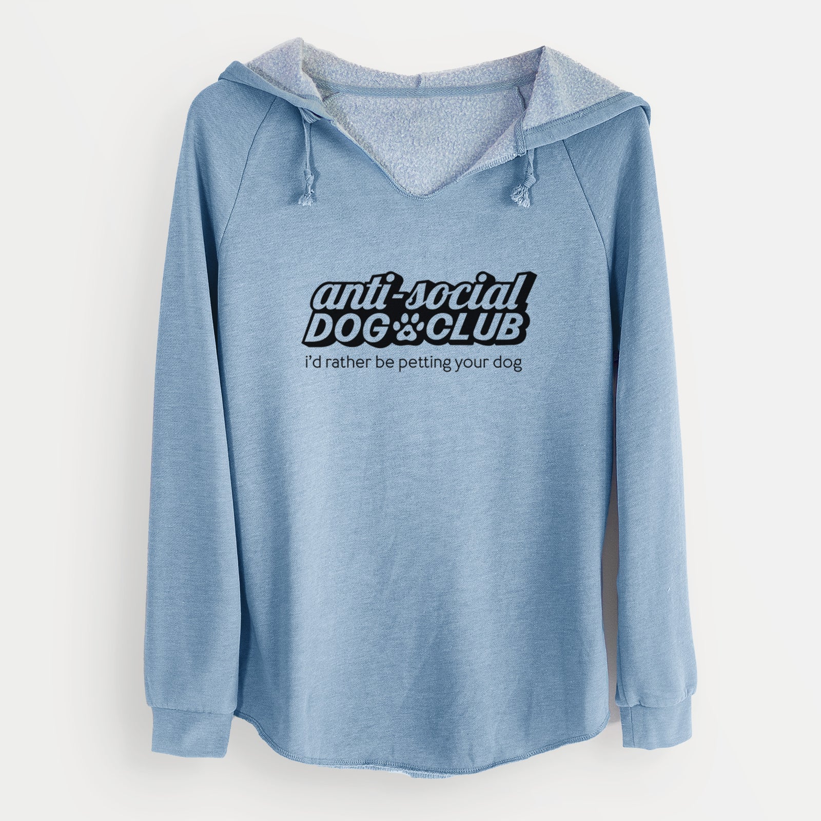 'Anti Social Dog Club' design on a Misty Blue Cali Wave Hooded Sweatshirt