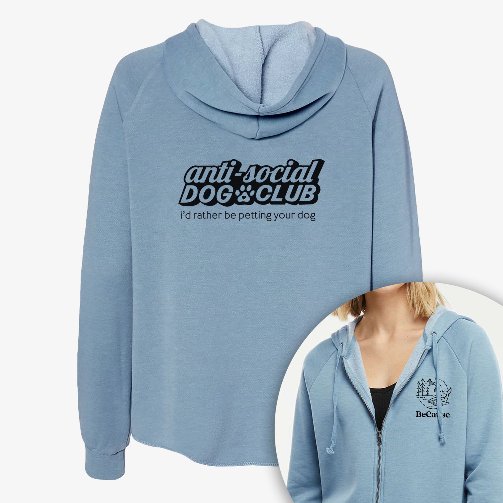 'Anti Social Dog Club' design on a Women's cali wave zip-up sweatshirt, shown with icons of the other available costume styles