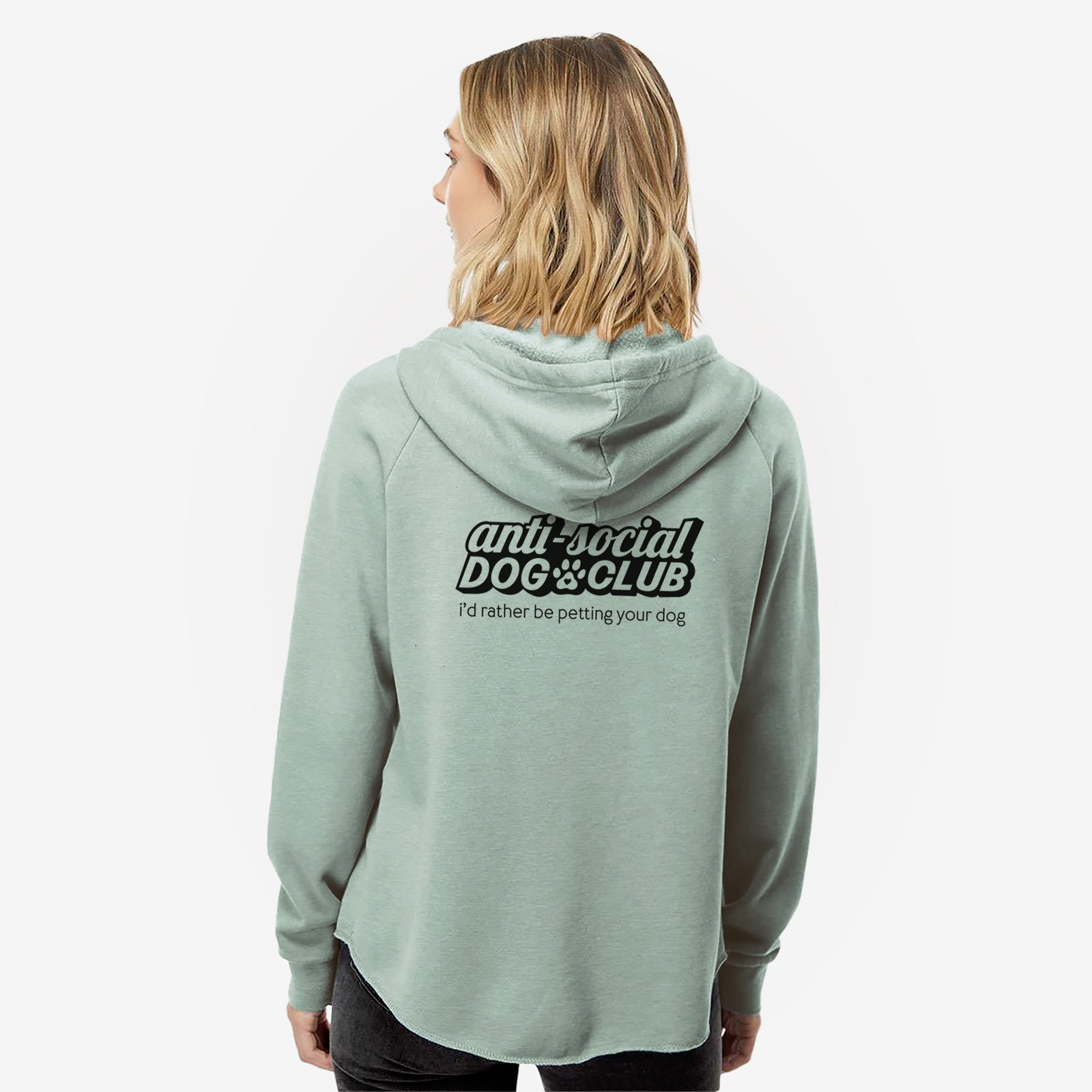 'Anti Social Dog Club' design on a Sage Women's cali wave zip-up sweatshirt