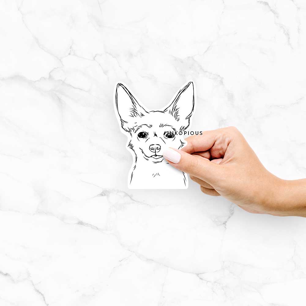 Hand-drawn sketch of Amos the Chihuahua on a decal sticker