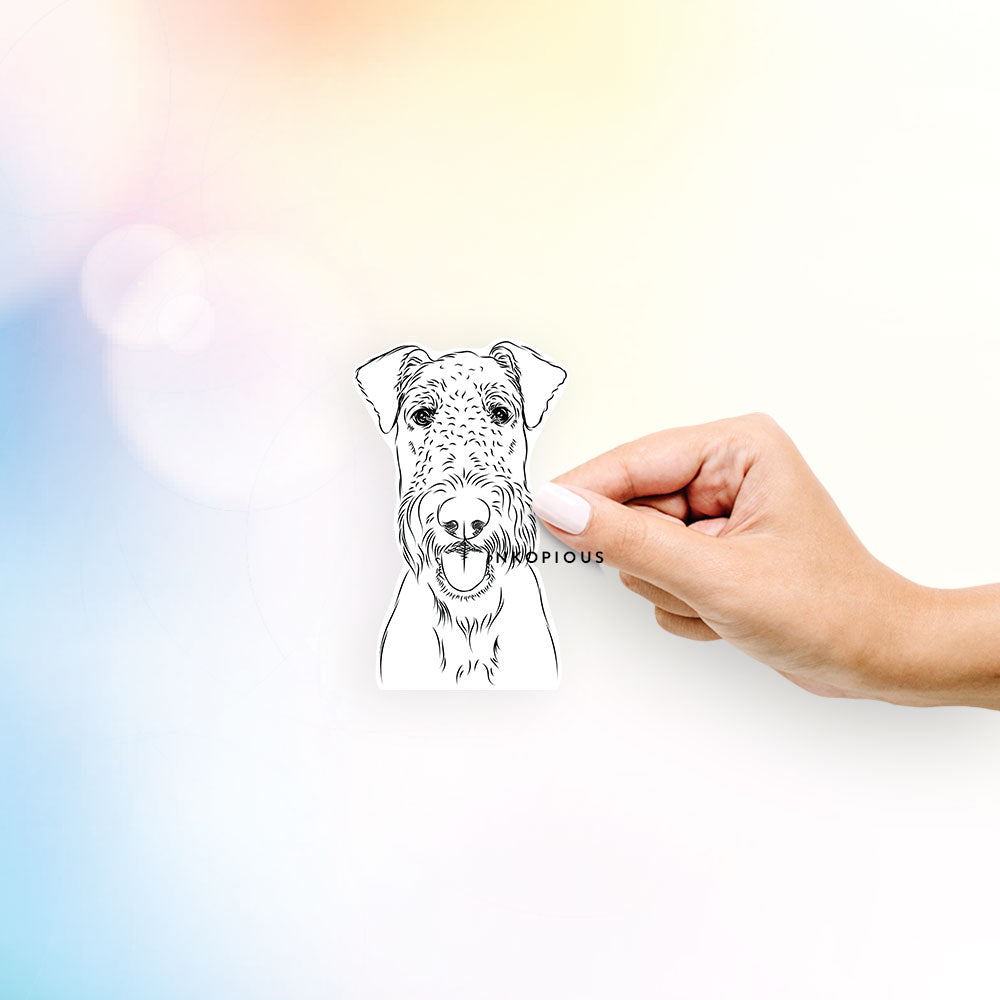 Hand-drawn sketch of Andy the Airedale Terrier on a decal sticker