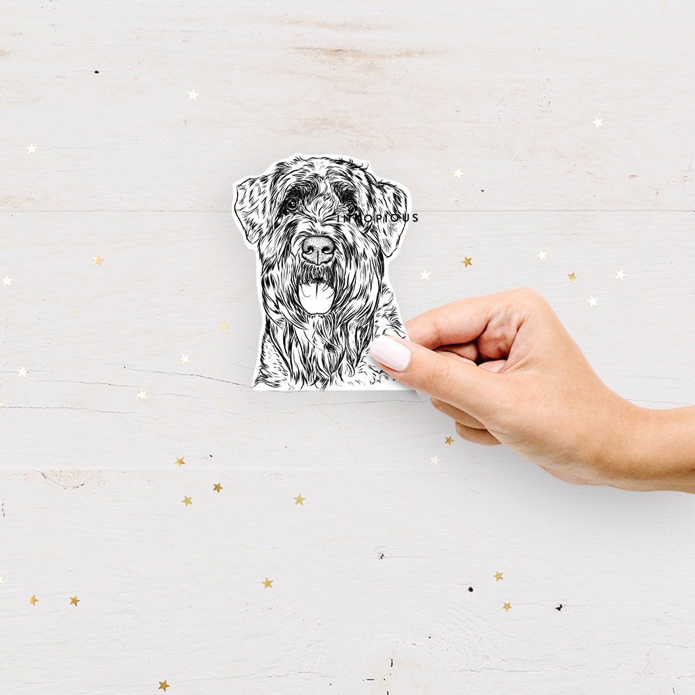 Hand-drawn sketch of Bonnie the Bouvier des Flandres on a decal sticker
