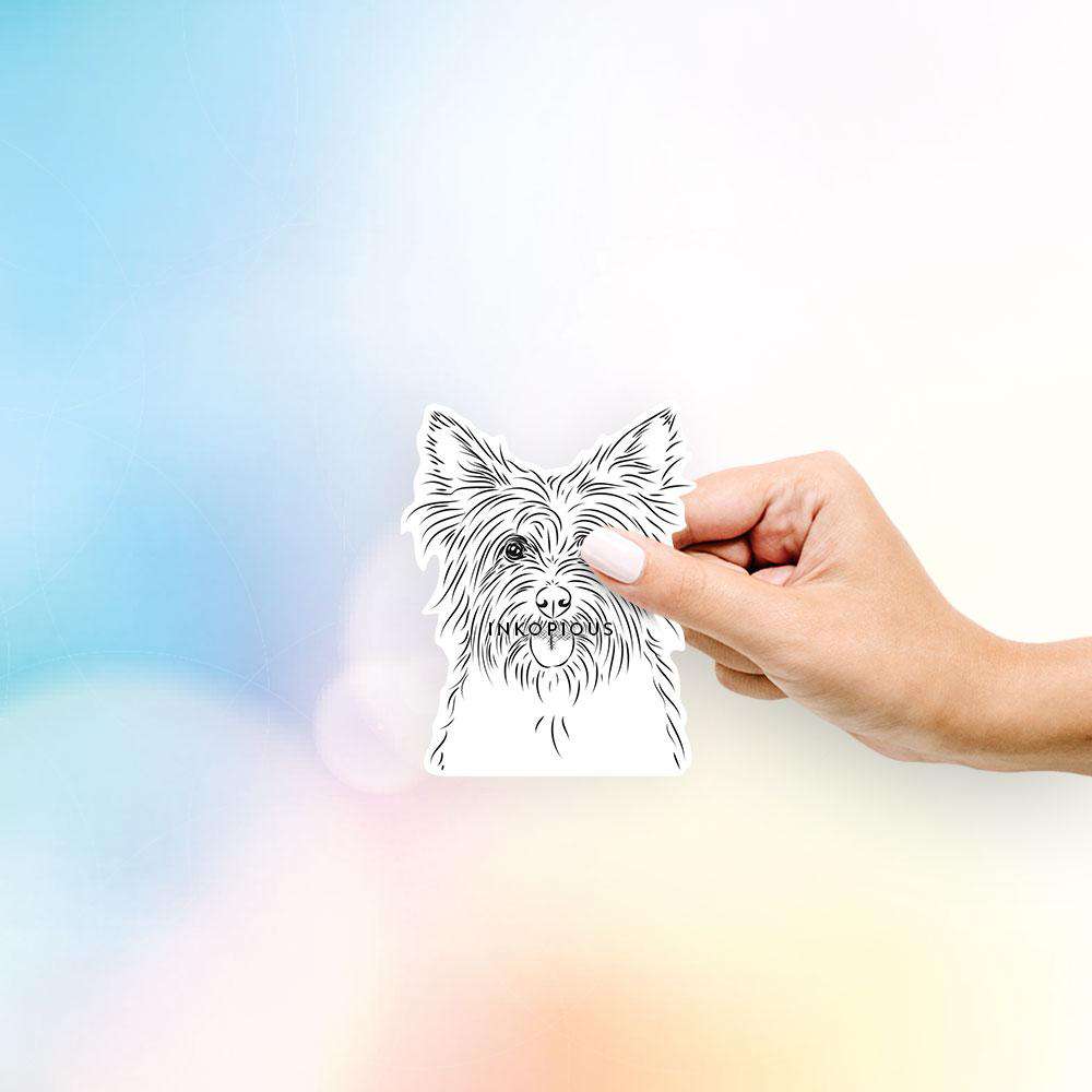 Hand-drawn sketch of Calum the Cairn Terrier on a decal sticker