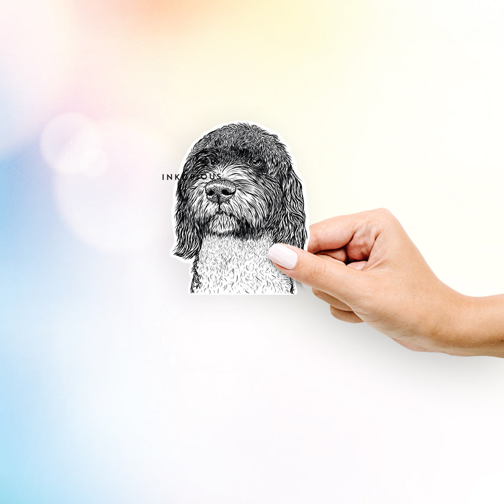Hand-drawn sketch of Chris the Portuguese Water Dog on a decal sticker