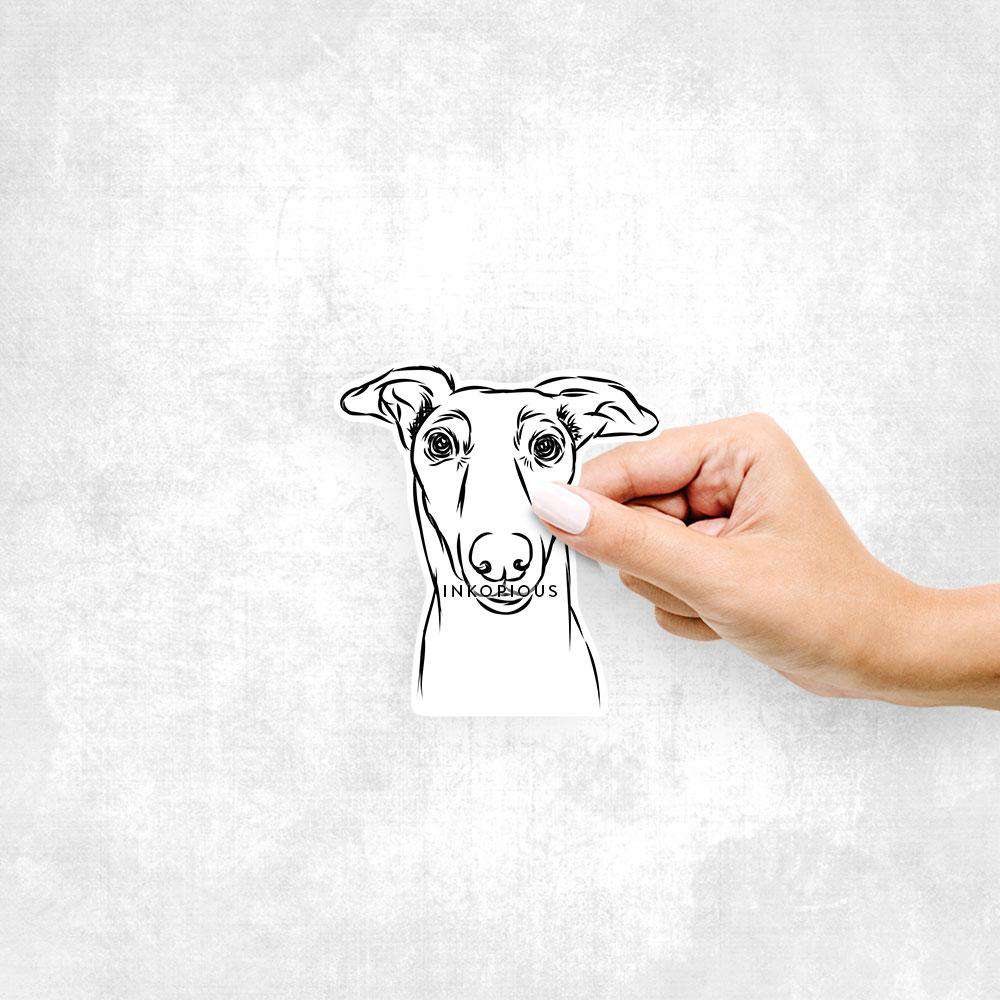 Hand-drawn sketch of Diva the Greyhound on a decal sticker