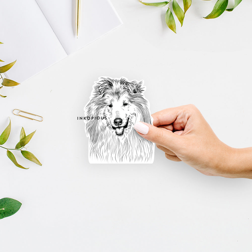 Hand-drawn sketch of Donnan the Rough Collie on a decal sticker