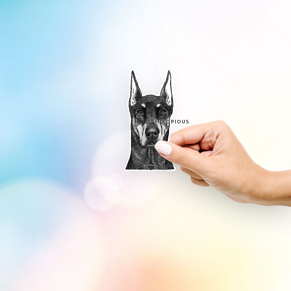 Hand-drawn sketch of Drake the Doberman Pinscher on a decal sticker