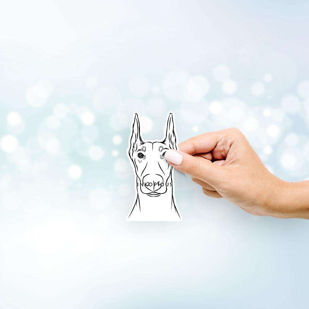 Hand-drawn sketch of Duke the Doberman on a decal sticker