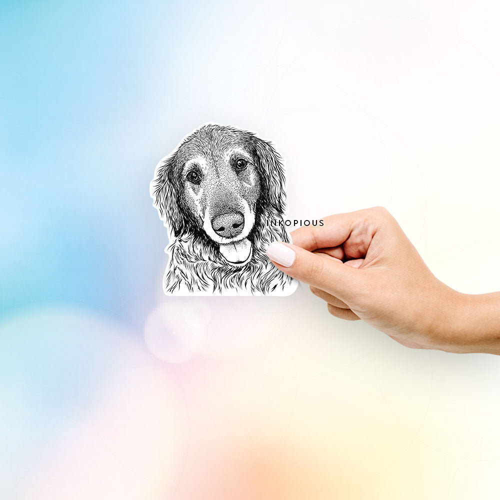 Hand-drawn sketch of Duncan the Golden Retriever on a decal sticker