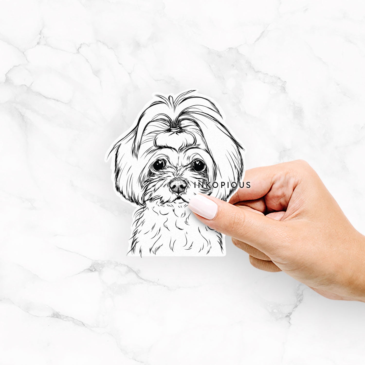 Hand-drawn sketch of Ellie the Maltese on an Ellie Maltese decal sticker