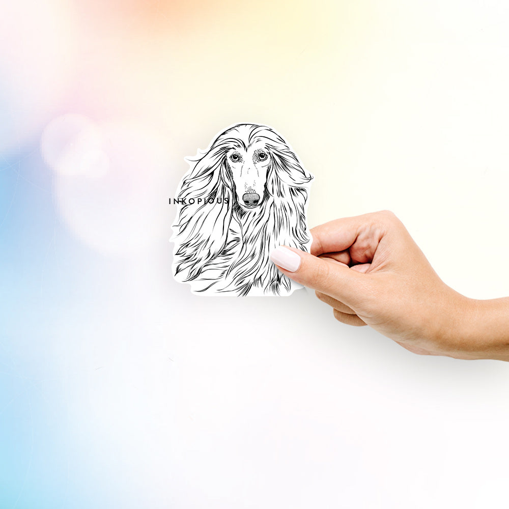 Hand-drawn sketch of Fabio the Afghan Hound on a decal sticker