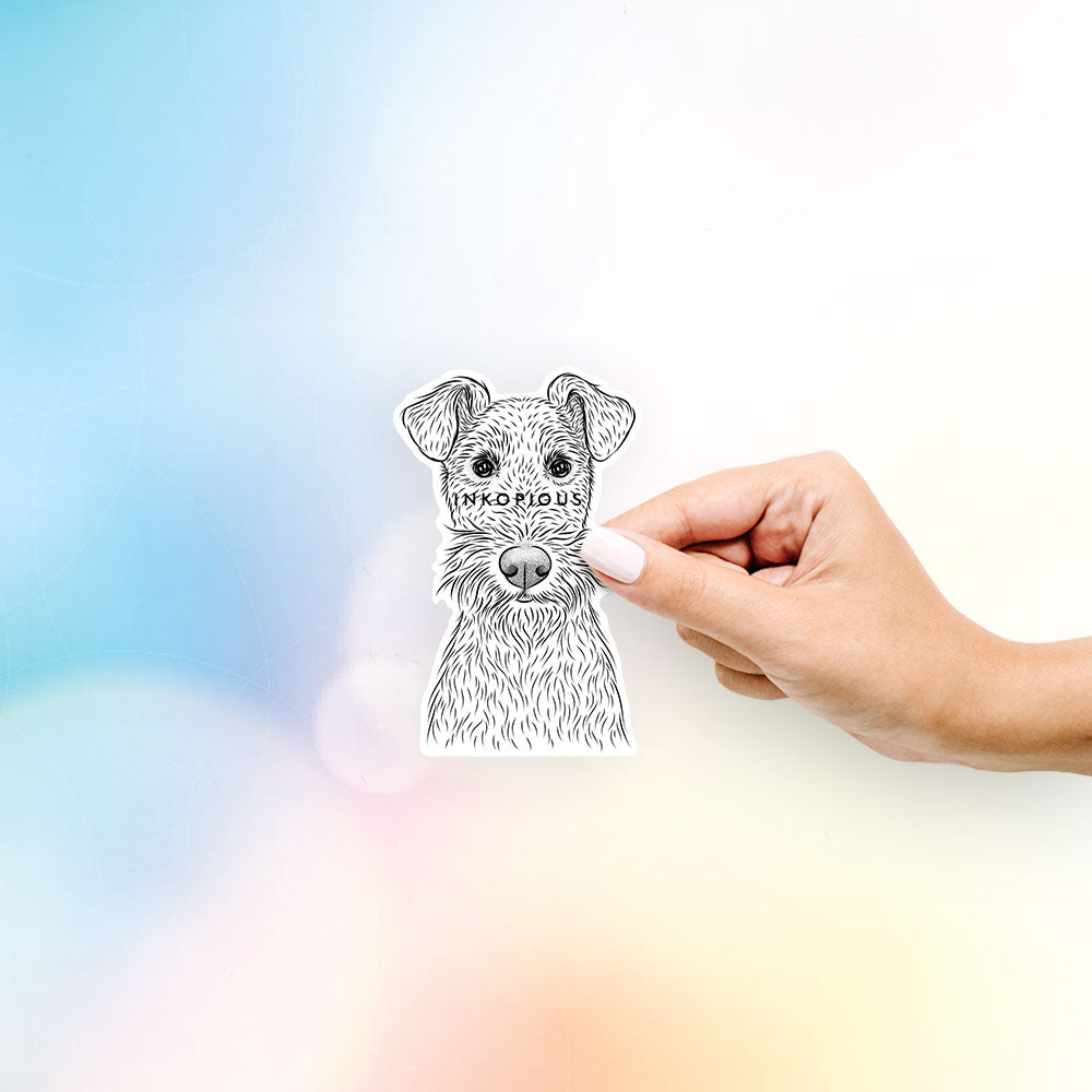 Hand-drawn sketch of Fitz the Wire Fox Terrier on a decal sticker