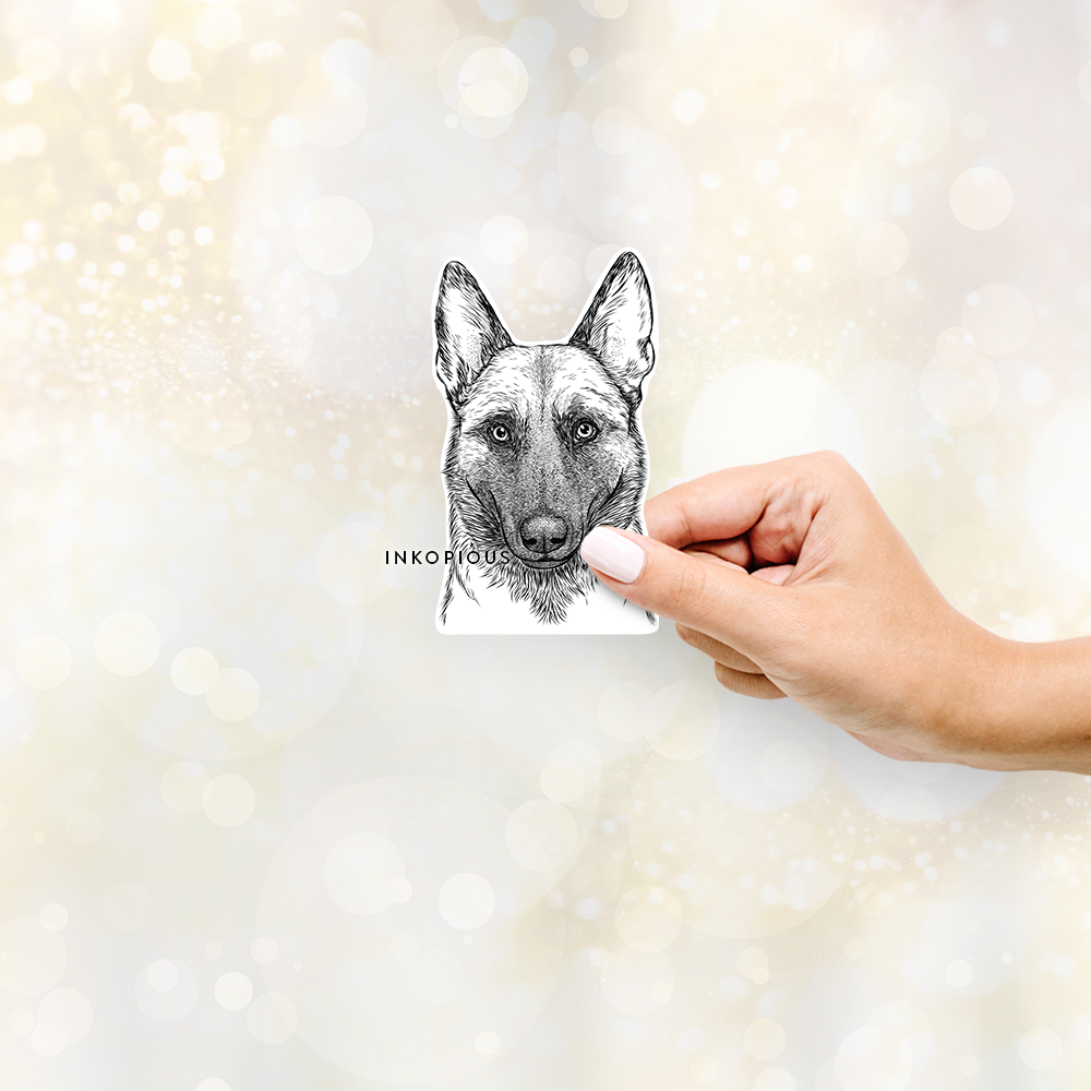 Hand-drawn sketch of Gunther the Belgian Malinois on a decal sticker