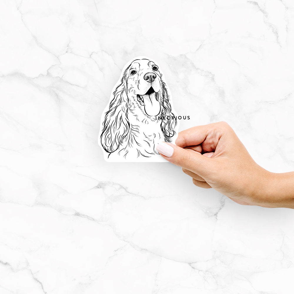 Hand-drawn sketch of Happy Henry the English Cocker Spaniel on a Happy Henry Eng Cocker decal sticker