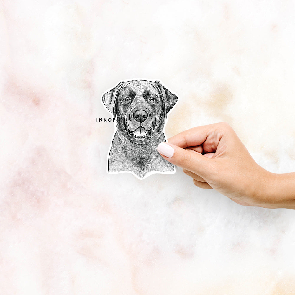 Hand-drawn sketch of Heath the Black Lab on a decal sticker