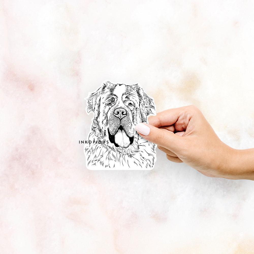 Hand-drawn sketch of Hoss the Saint Bernard on a decal sticker