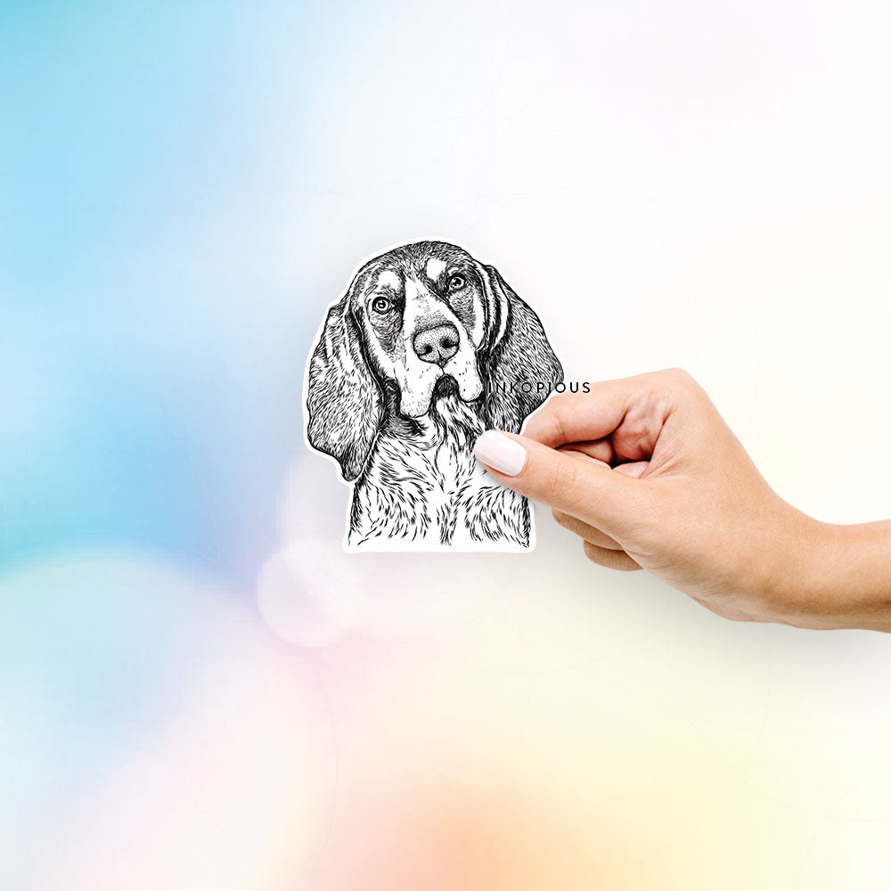 Hand-drawn sketch of Huck the Bluetick Coonhound on a decal sticker