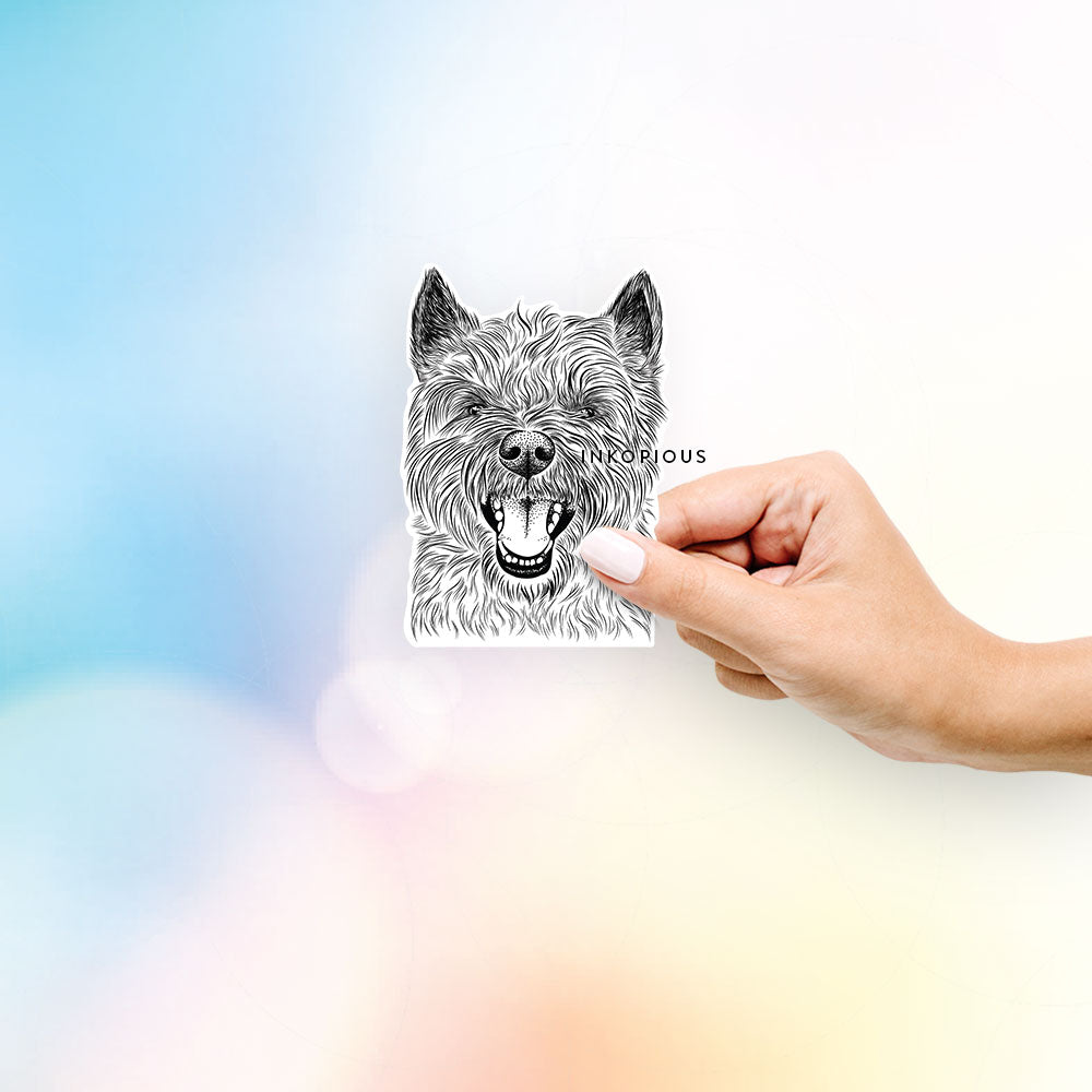 Hand-drawn sketch of Jeff the Cairn Terrier on a decal sticker