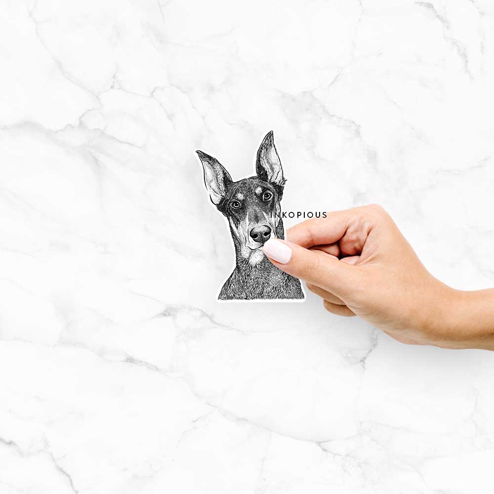 Hand-drawn sketch of Jenna the Doberman Pinscher on a Jenna Dob decal sticker