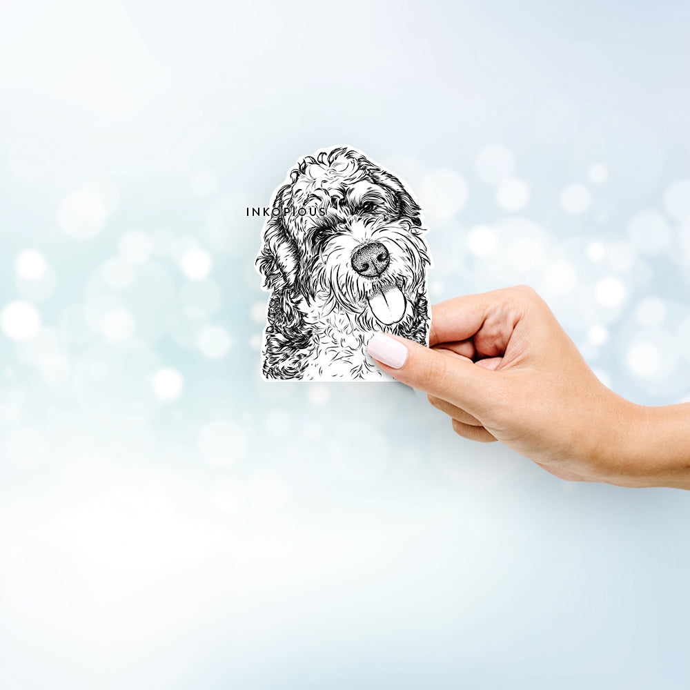 Hand-drawn sketch of Kaci the Bernedoodle on a decal sticker