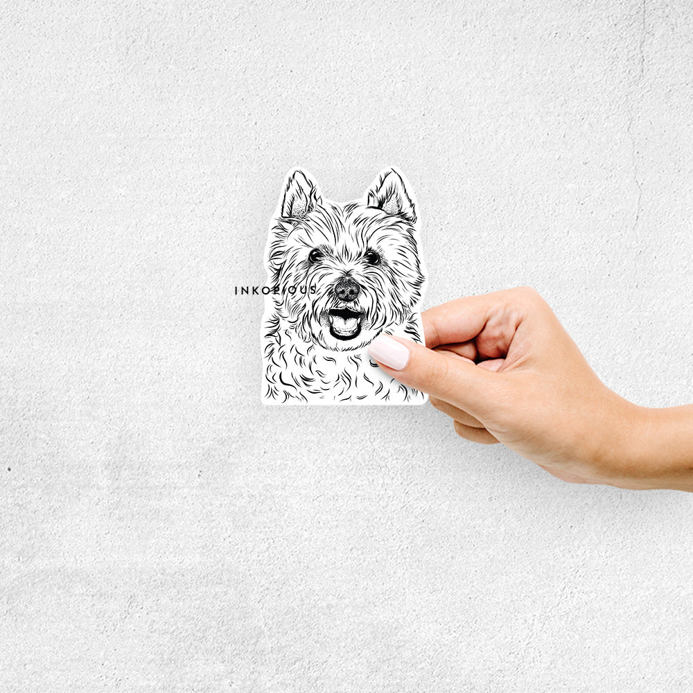 Hand-drawn sketch of Kami the West Highland Terrier on a decal sticker