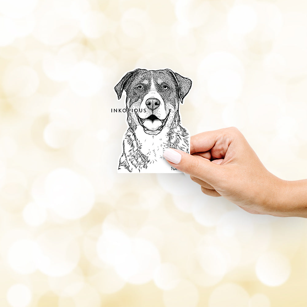 Hand-drawn sketch of Leon the Greater Swiss Mountain Dog on a decal sticker