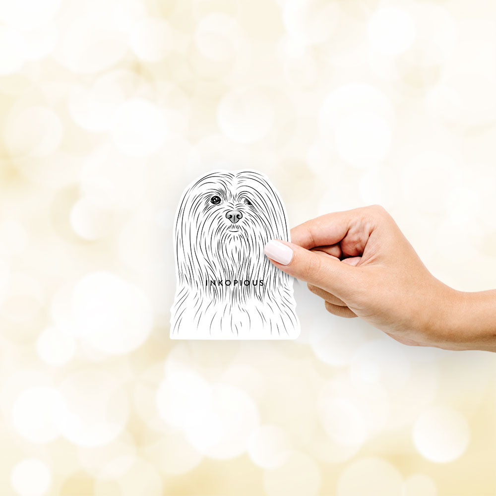 Hand-drawn sketch of Lorenzo the Lhasa Apso on a decal sticker