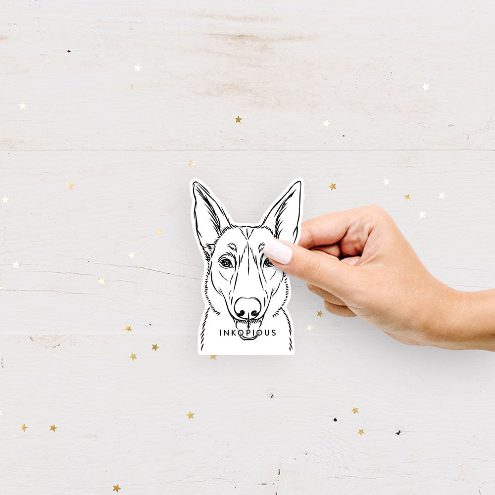 Hand-drawn sketch of Lyric the Belgian Malinois on a decal sticker