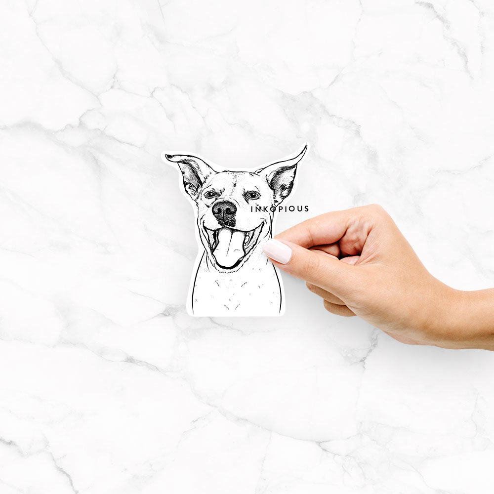 Hand-drawn sketch of Maddie the Dalmatian Mix on a Maddie Dal Mix decal sticker