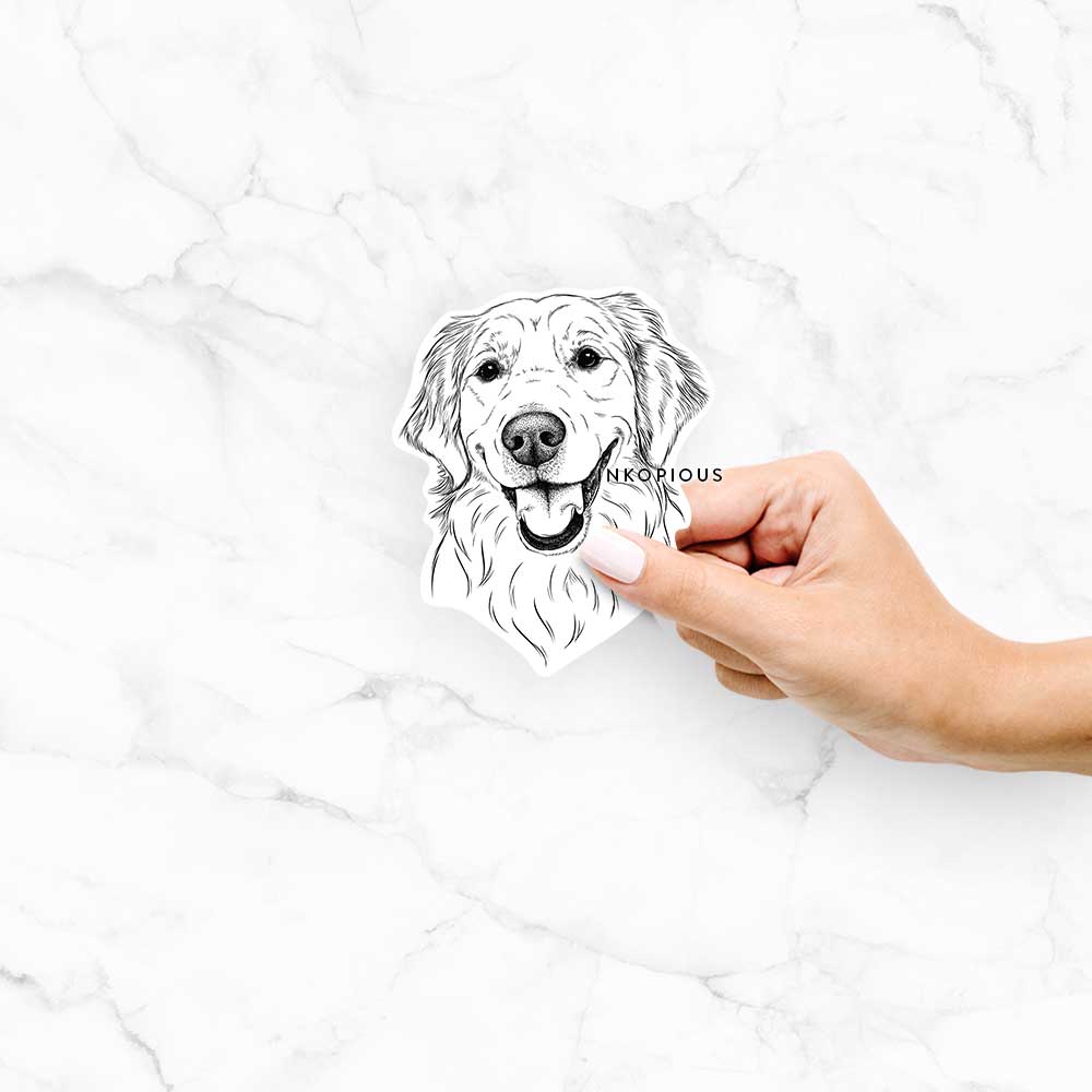Hand-drawn sketch of Maple the Golden Retriever on a Maple Golden decal sticker