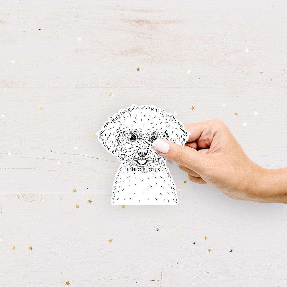 Hand-drawn sketch of Mickey the Bichon Frise on a decal sticker