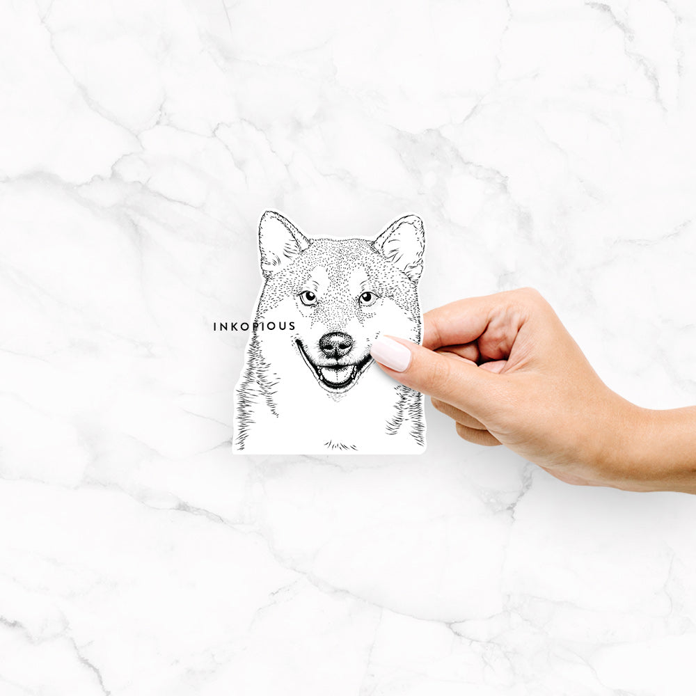 Hand-drawn sketch of Mitsu the Shiba Inu on a decal sticker