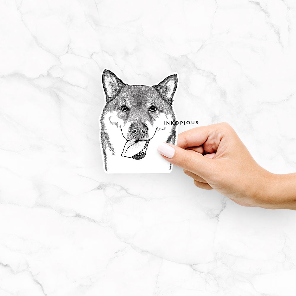 Hand-drawn sketch of Mothra the Shiba Inu on a Mothra Shiba decal sticker