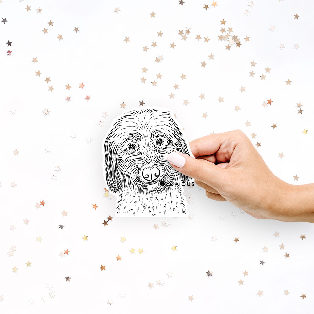 Hand-drawn sketch of Niles the Soft Coated Wheaten Terrier on a decal sticker